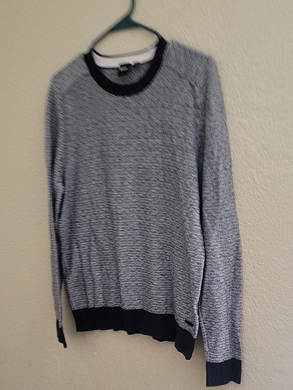 Hugo Boss Dark Blue and White Marled Knit Sweater with Label